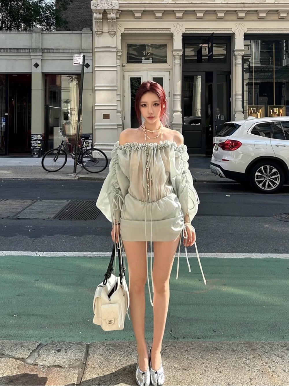 Off-Shoulder Mint Mini Dress with Drawstring Detail